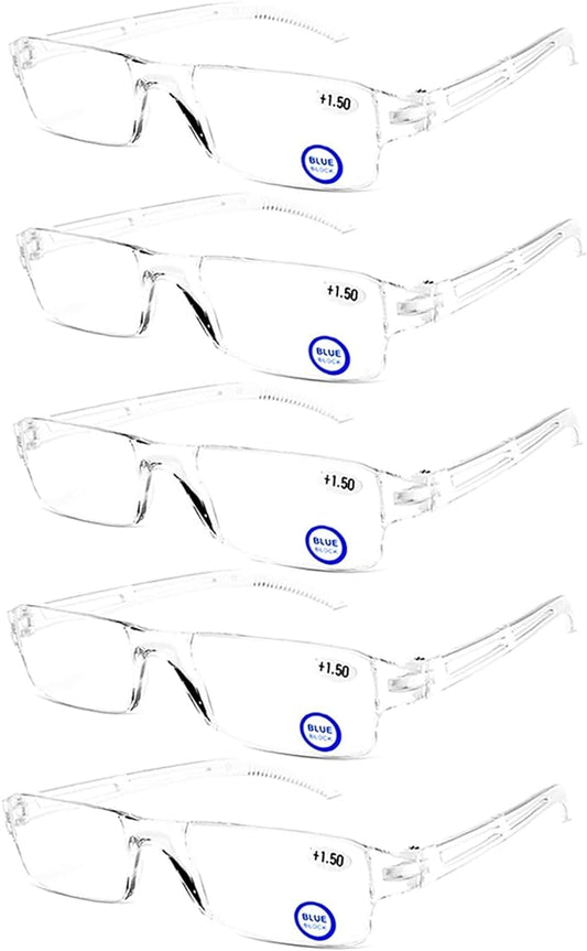 AQWANO Clear Frame Reading Glasses, 5 Pack Frameless Readers Computer Blue Light Blocking Lightweight for Women Men,1.75