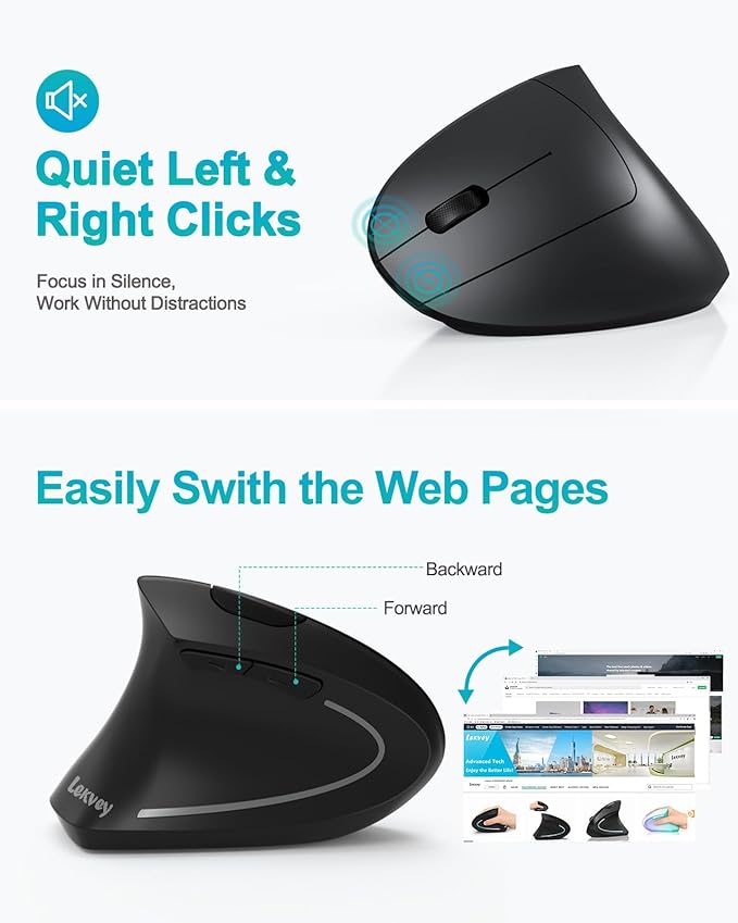Lekvey Left Handed Ergonomic Mouse, Vertical Wireless Mouse for Left Hand, 2.4G USB Carpal Tunnel Lefty Mouse, 3 Adjustable DPI, 6 Buttons, for Laptop, PC, Computer, Mac, Windows, Desktop - Black