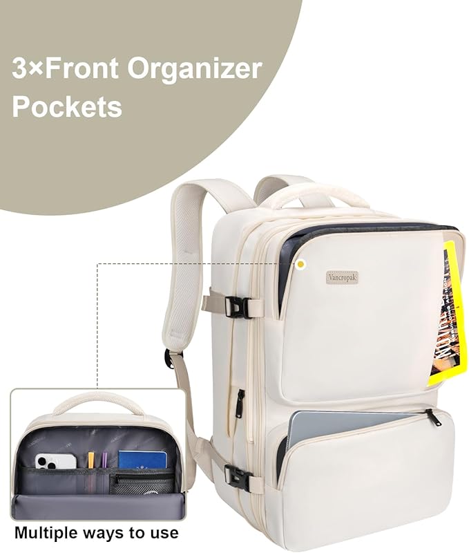 Vancropak Expandable Carry on Backpack for Airplanes, TSA Personal Item Airline Approved 40L Travel Backpack for Women, Lightweight Weekender Overnight Luggage Daypack Suitcase, Travelers Gifts, Beige