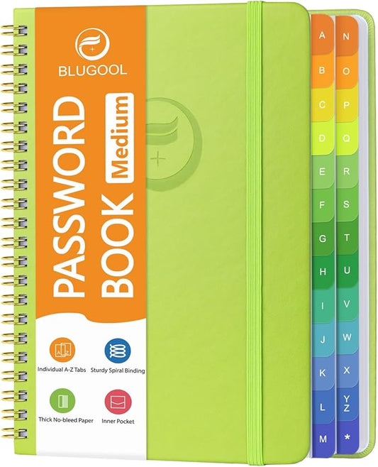 Password Book with Alphabetical Tabs, Password Keeper Book for Seniors, Individual & Colorful Tabs, Spiral Hardcover Password Notebook for Website Logins, 5.7" x 7.7", Grass Green