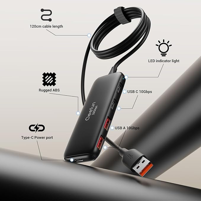 Qeefun 10Gbps USB 3.2 Hub with 2 USB A & 2 USB-C 3.2 Data Ports, USB 3.2 Gen 2 Splitter, 4ft Extended Long Cable and Type-C Power Port, USB multiport Adapter for pc, Laptop, iMac, Mac Mini and More