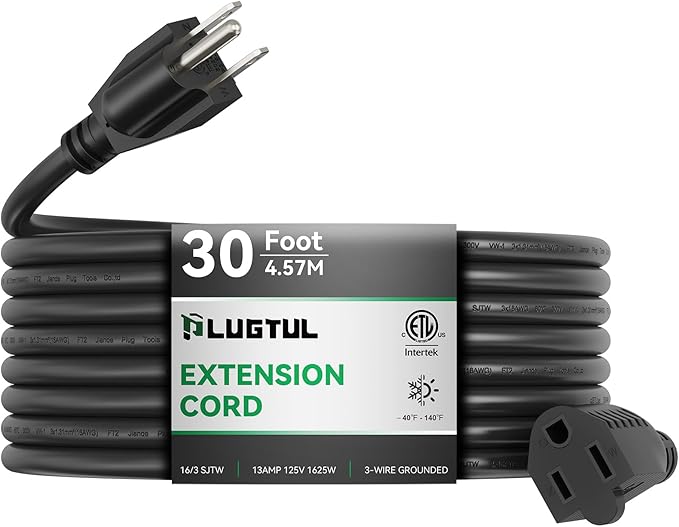 PLUGTUL Extension Cord 30 FT, 16/3 Outdoor Extension Cord Waterproof, Heavy Duty 3 Prong Extension Cord Black, 13A 1625W SJTW, ETL Listed, Great for Garden and Home