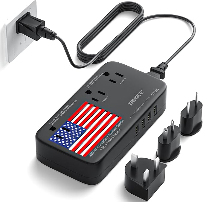 2200W Voltage Converter US to Europe, 220V to 110V Converter for European Travel for Hair Dryer Straightener Curling Iron with 3 AC Outlets and 4 USB Ports Power Converter Adapter Combo