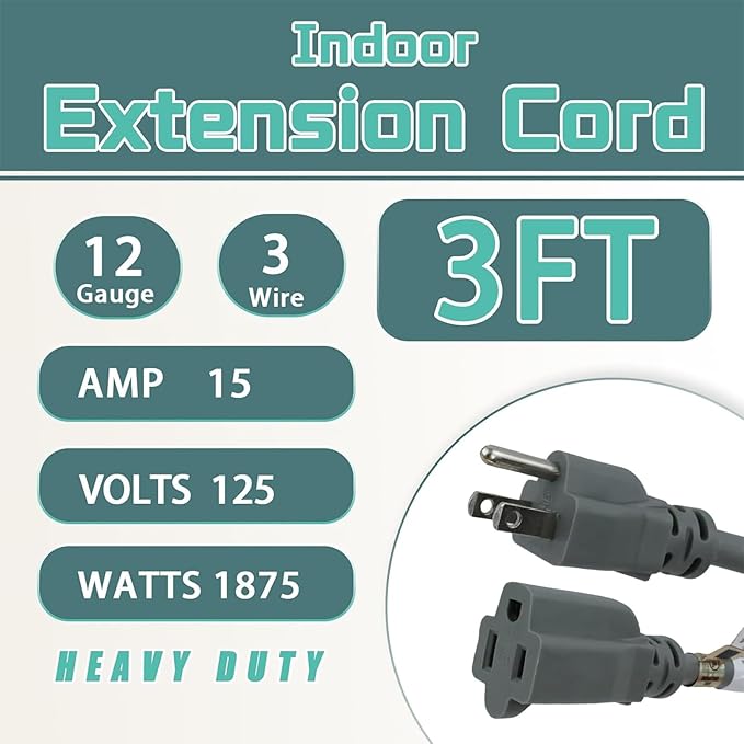 3 Ft Extension Cord - 12/3 SJTW Heavy Duty Grey Extension Cable with 3 Prong Grounded Plug - Power Cord for Lawn, Garden, Appliances