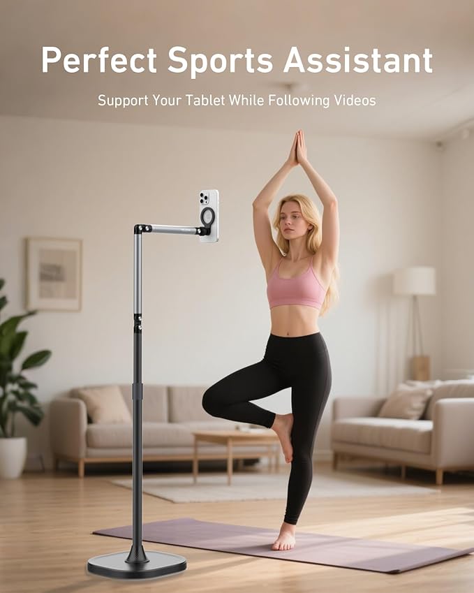 TELESIN° Magnetic Phone Tablet Floor Stand, Aluminum Alloy Phone Holder Stand for Video Recording, Overhead Bed/Sofa Phone Mount Height Adjustable Ultra Stable Base for Magsafe/iPhone/Android/iPad