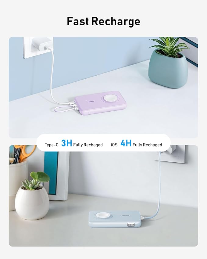 VEGER Portable Charger with Built in Removable Cable for iPhone, 20W Fast Charging Slim Power Bank, 10000mAh USB C Battery Pack Travel Essential Compatible with iPhone, Android, Apple Watch-White