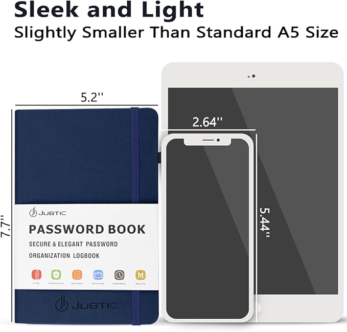 JUBTIC Password Keeper Book with Alphabetical Tabs. Medium Size Password Book for Seniors, Internet Website Address Log in Detail. Hardcover Password Notebook for Home Office, Navy Blue