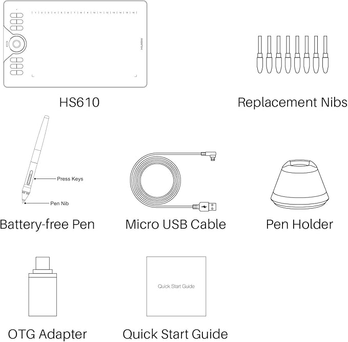 HUION Drawing Tablet HS610 Graphic Tablet with Battery-Free Stylus 8192 Pen Pressure Tilt Function, 10x6.25 Inches Digital Art for Animation & Design, Compatible with Windows/Mac/Android