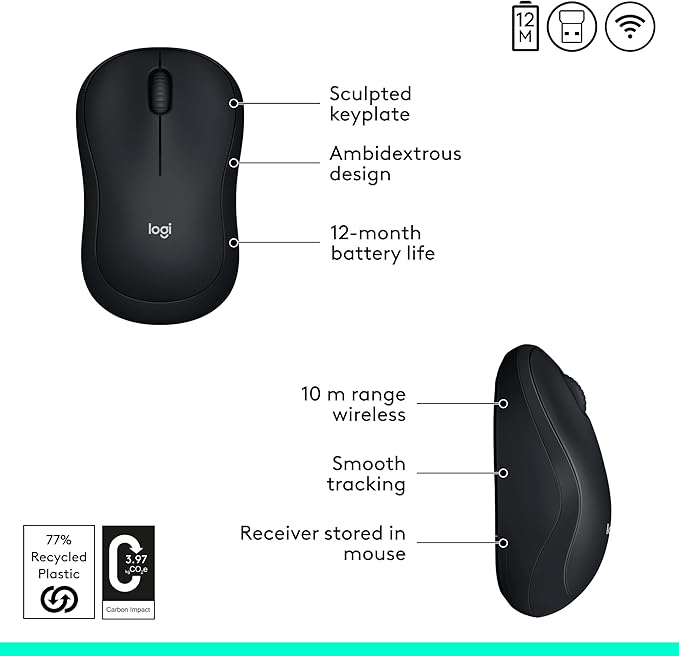 Logitech M185 Wireless Mouse, 2.4GHz with USB Mini Receiver, 12-Month Battery Life, 1000 DPI Optical Tracking, Ambidextrous, Compatible with PC, Mac, Laptop - Black