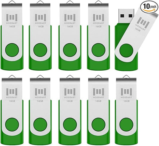 MOSDART USB2.0 16GB Flash Drive, Swivel Design with LED Indicator, Keychain Loop, FAT32 Memory Stick for Data Storage, Green(Pack of 10)