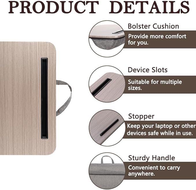Portable Laptop Desk Fits Up to 16“ Laptops, with Tablet Slot, Built-in Cushion, Great for Home & Office,Lap Desk with Cushion (Walnut, Medium)