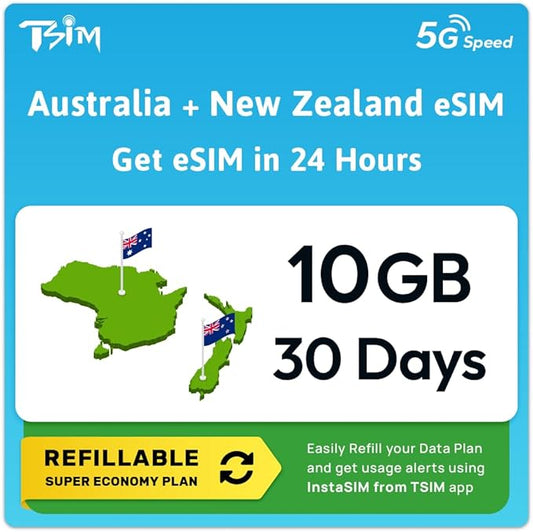 Australia New Zealand eSIM | 10GB Super Saver Refillable Plan! QR Code Sent via Email in 24Hrs - Scan & Use Immediately | Auto Activating 30 Day Validity | Hotspot | Data-Only No Phone Number
