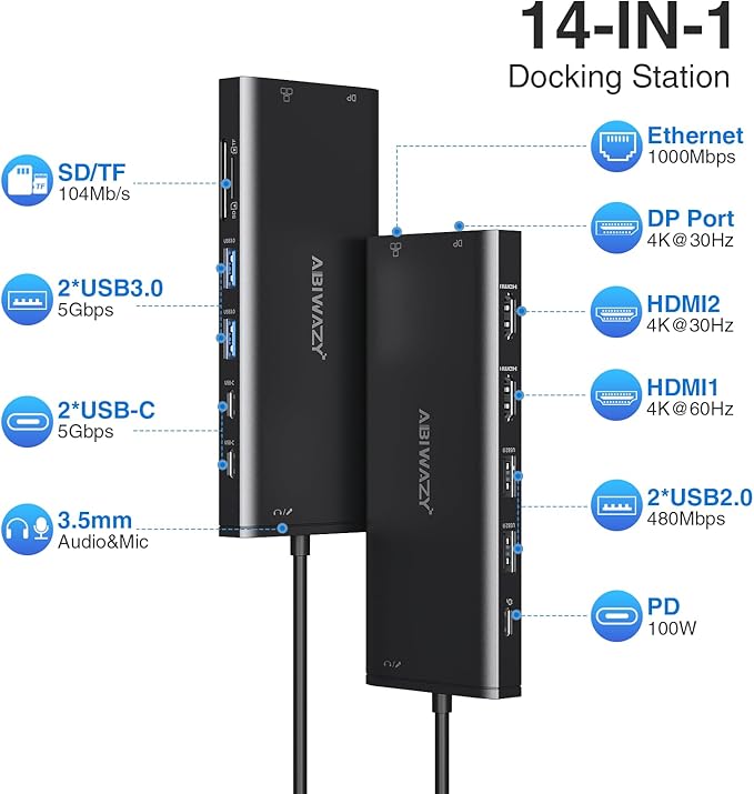 USB C Docking Station 3 Monitors USBC Hub Laptop Dual Monitor Multiport Adapter Dock Dongle,USBC to 2 HDMI,4K DisplayPort,PD Charging,Ethernet,7 USB-C/A Ports,SD/TF,Audio for Dell/HP/Lenovo(Black)