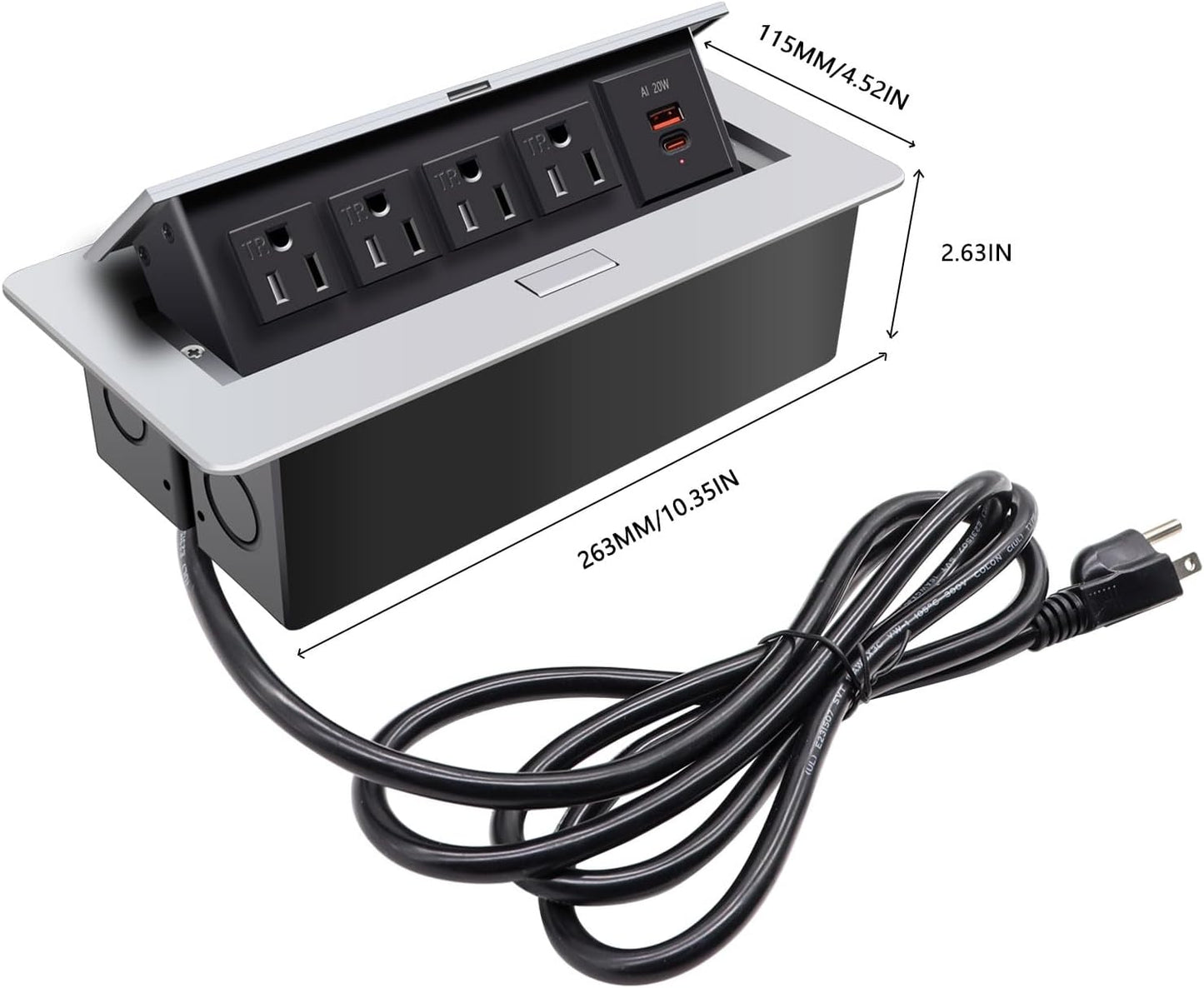 Pop up Outlet; Power Strip; Embedded countertop Outlet; 4 Power Outlets with USB-C PD 20W Fast Charging 16AWG Power Cord; Suitable for Office, Conference, Home, Book Rooms -Silver