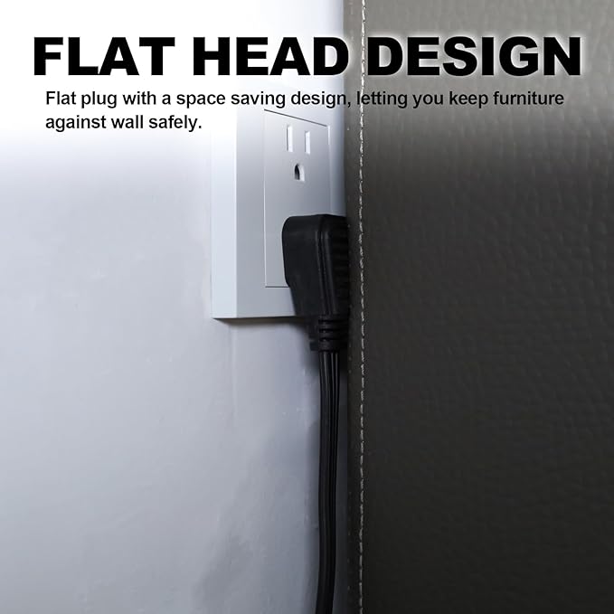 EP 1 Ft 3 Outlet Extension Cord with Flat Plug, 3 Prong Grounded, 16/3 SPT-3 Power Cable for Indoor Use, Black, 2 Pack