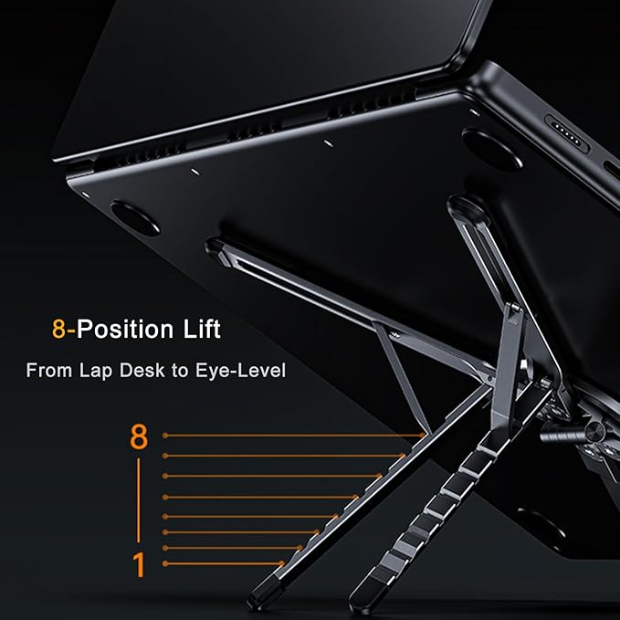Portable Magnetic Phone Holder Laptop Stand for Desk, Aluminum Adjustable Phone Tripod Stand for iPhone 17 Air Pro Max, Laptop Riser Tablet Mount, Mini Airplane Travels Essentials