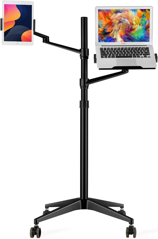 Dual Arm Height Adjustable Stand Mount with Rolling Wheel for Laptop 11-17 inch and Compatible with ipad,iPad mini.ipad pro 12.9 inch,Tablet,Ereader (Black 4 Legs)