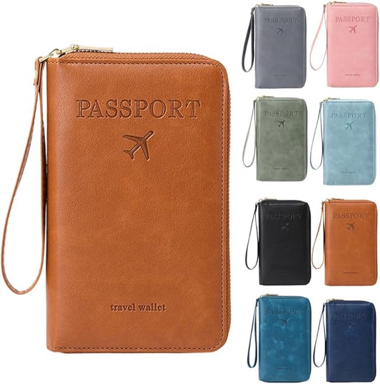 RFID Passport Holder for Wallet,RFID Blocking Document Organizer Clutch Bag, Credit Cards Case Cover Travel Wallet (Brown)