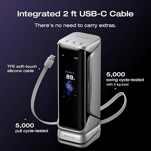 EF ECOFLOW Rapid Pro X Power Bank, 27650mAh, 300W, 140W Built-in Cable, 3-Port Portable Charger, 140W Output, Up to 320W Recharge, 3.9" Display, 2 ft Retractable Cable, Compatible with iPhone, Laptop