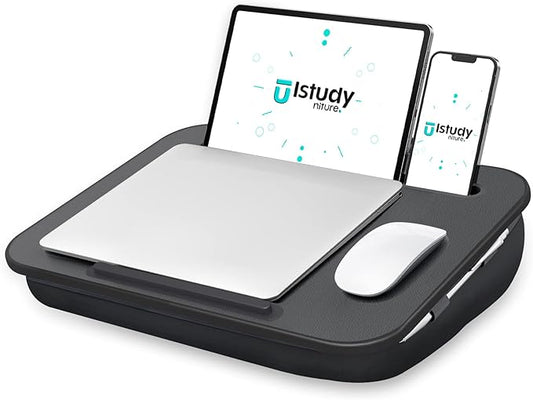 Istudyniture Lap Desk | Portable Laptop Desk & Stand – Fits Up to 15.6 inch – Washable Cushion, Built-in Phone Holder – for Bed, Couch, Sofa, Floor – Writing, Reading, Home Office – Small, Black