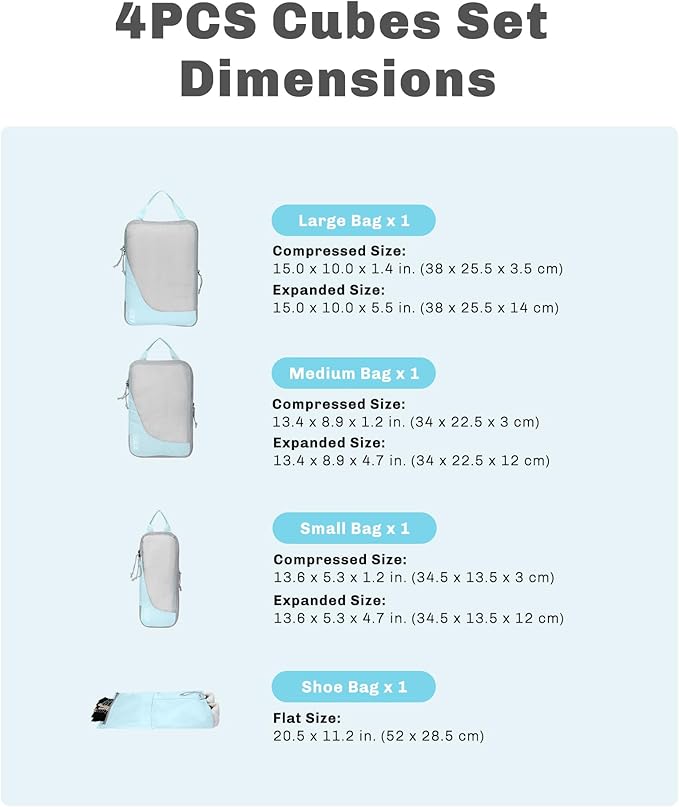 Hynes Eagle 6 Set/ 4 Set/ 2 Set Compression Packing Cubes Travel Essentials Lightweight Nylon Luggage Suitcase Organizer Bag Light Blue 4PCS