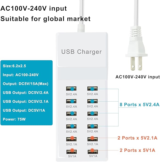 Multiple USB Charger Station 12 multiport Charger Station Hub with Fast Charging Wall Charger for Multiple Devices USB Charging Port Compatible with Cell iPhone Android Smartphone Smart Watch