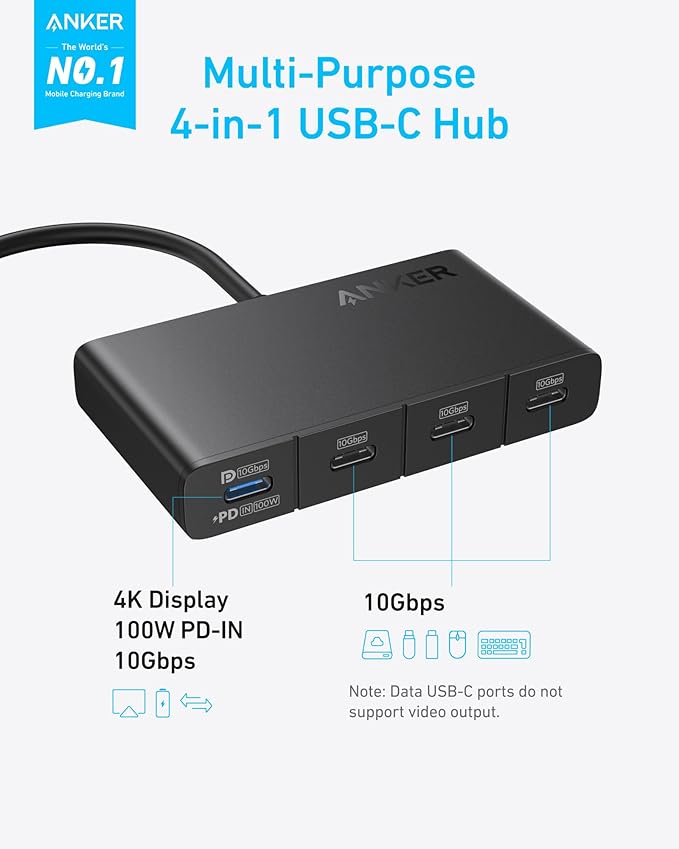 Anker USB-C Hub, USBC to 4-Port USBC Adapter, Multiport USB C Splitter, USB 3.2 Display Hub with 100W Max PD & Max 10Gbps Fast Data Transfer for MacBook Pro, iPad, Surface Pro, Dell and More
