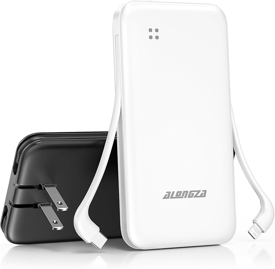 Alongza Portable Charger Built-in Cables and AC Wall Plug, Slim Fast Charging Power Bank 10000mAh, Lightweight USB C External Battery Pack Compact Travel Cell Phone Charger, 2 Pack Black & White