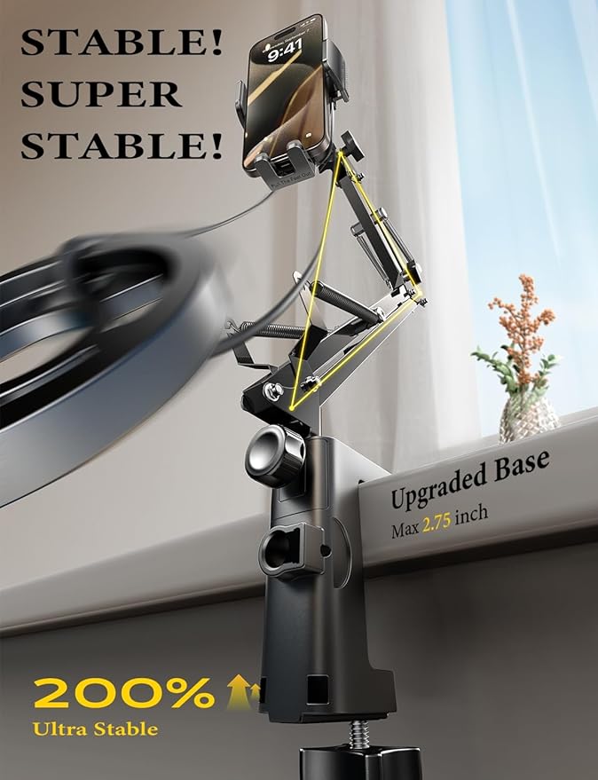 LISEN Gooseneck Phone Holder for Desk Bed [3rd Upgrade] Cell Phone Stand for Desk,Tech Lovers Mount for Recording Fit iPhone 17 16 Filming Camera Laying Down,Bed Accessories Flexible Arm Clamp Clip