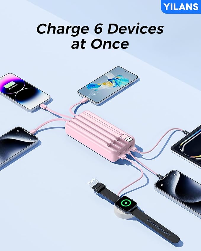 Portable Charger, 42800mAh Power Bank Built-in Cable, 22.5W PD USB C In & Out Fast Charging, External Battery Pack with 6 Output & 2 Input, Travel Phone Charger for iPhone 16/15/14/13/12 (Pink)