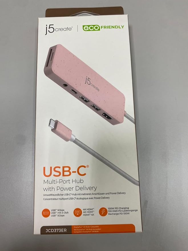 j5create USB-C Pink Multi-Port Hub with Power Delivery with 4K HDMI/2 USB-A 5Gbps/PD 100W Charging SD&Micro SD/3.5mm Audio | for MacBook/iPad Pro/iMac/Surface/XPS/Thinkpad/Galaxy/and More(JCD373ER)