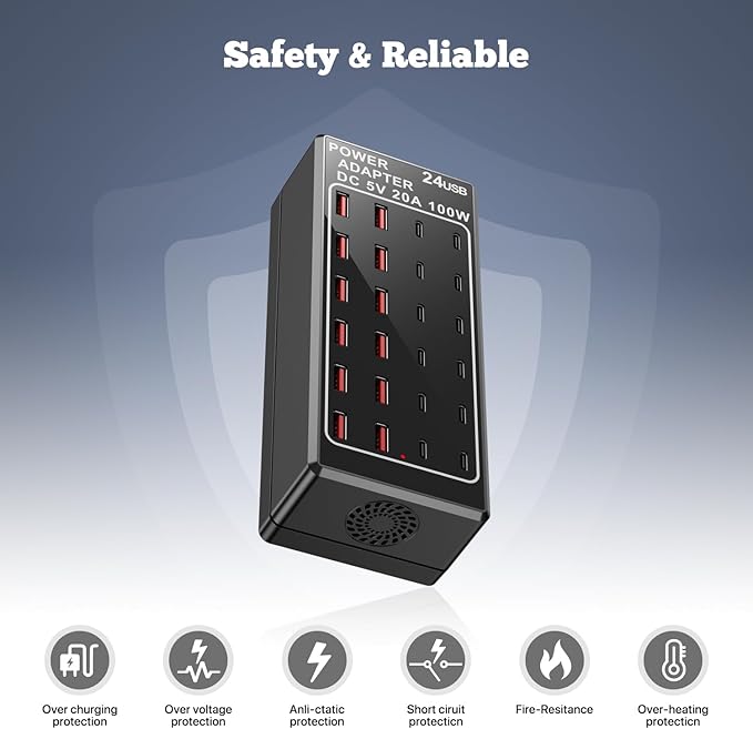 USB Charger Station, C Charging Block, 100W (20A) 24 Port Multiple USBCharger Desktop Wall Charger Hub 12 USB A 12 USB C Compatible for Apple iPhone, iPad, Samsung Galaxy, Laptop, Pixel, Phones