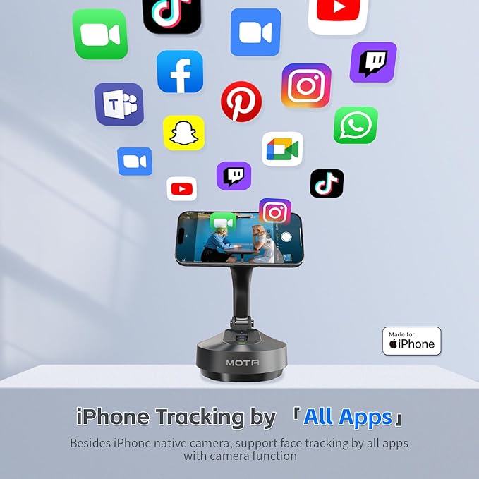MOTA Tripod Stand Only for iPhone, 360 Degree Auto Tracking Stand for iPhone Support Native Camera and All Apps, 2 Axis Foldable Phone Holder for Video Recording with Megnetic Holder for Desk