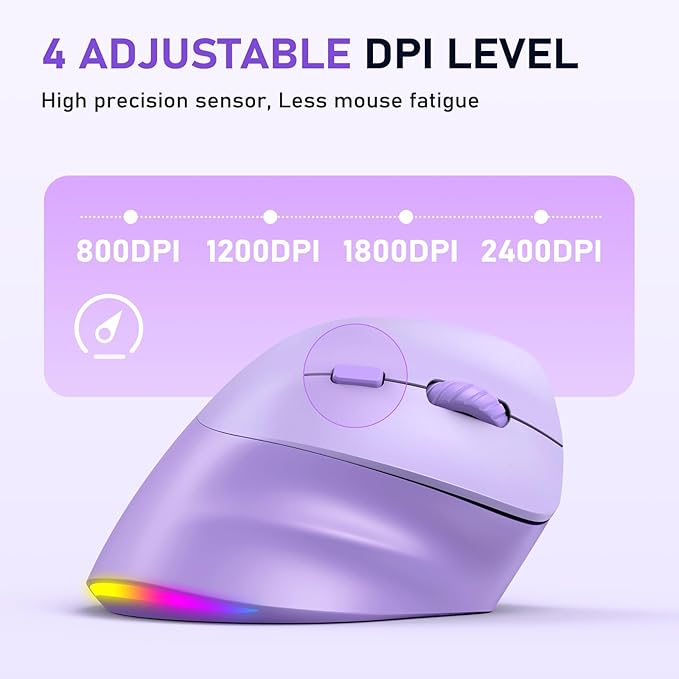 MEETION Ergonomic Mouse, Wireless Vertical Mouse RGB Backlit Rechargeable Mice for Bluetooth(5.2 + 3.0) & USB-A with USB-C Adapter 4 Adjustable DPI Compatible Mac/Windows/Andriod/PC/Tablet/iPad Purple
