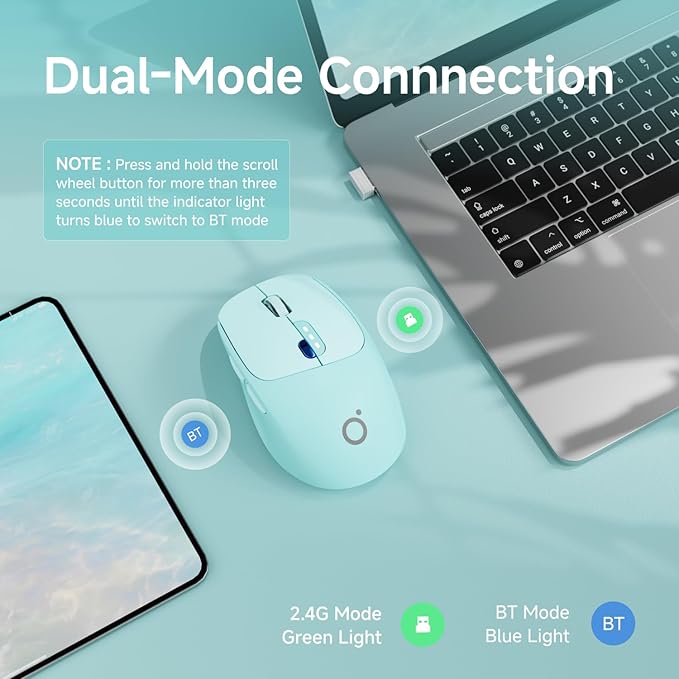 EWEADN Q5 Wireless Mouse, Bluetooth & 2.4G Quiet Computer Mouses with 1600 DPI, Battery Level Display, Ergonomic Office Mouse,6 Button Portable Cute Cordless Mice for Laptop/PC/Mac- Blue