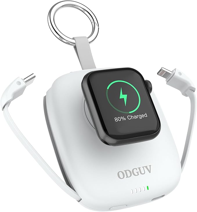 Small Portable Charger 5000mAh,iWatch Wireless Charger Mini Power Bank with Built-in Cable,Travel Keychain Charger for Apple Watch 10/9/Ultra2/8/Ultra/7/6/Se/5/4,iPhone 17/16/15/14/13/12,Android Phone
