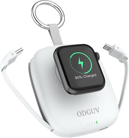 Small Portable Charger 5000mAh,iWatch Wireless Charger Mini Power Bank with Built-in Cable,Travel Keychain Charger for Apple Watch 10/9/Ultra2/8/Ultra/7/6/Se/5/4,iPhone 17/16/15/14/13/12,Android Phone