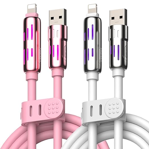 MFish 240W 4-in-1 Universal USB Charging Cable [2 Pack, 6.6ft] – Fast Charger Cord with USB-A, Dual USB-C & Lighting, for iPhone 14/15/16/17 Series, iPad & MacBook & More (2PACK, Pink+White, 6.6Ft)