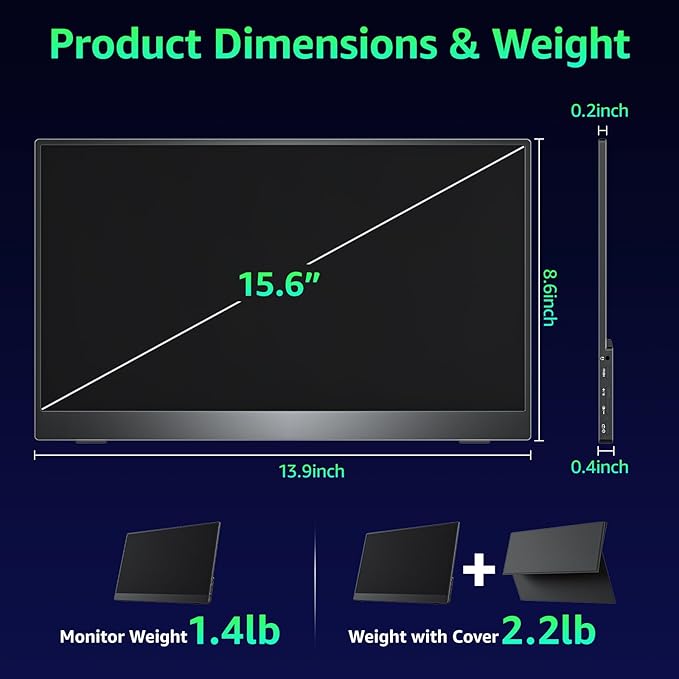 Portable Monitor 15.6 inch 1080P FHD 86% sRGB 60Hz, Travel Monitor for Laptop MacBook Surface PC Xbox PS5, HDMI Dual USB-C VESA Compatible Built-in Speaker