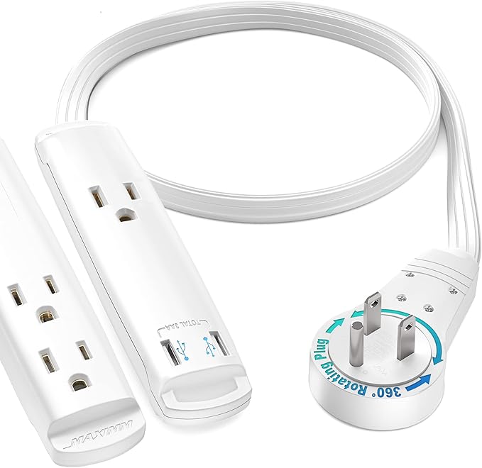 Extension Cord with USB Ports 1FT, 360° Rotating Flat Plug Extension Cord, 3-Outlet with USB Ports (2 Ports), 3 Prong Extension Cord, Grounded Extension Cord (White) UL Certified