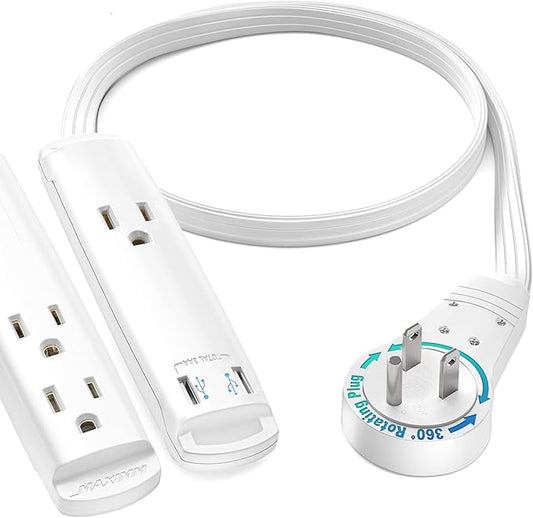 Extension Cord with USB Ports 1FT, 360° Rotating Flat Plug Extension Cord, 3-Outlet with USB Ports (2 Ports), 3 Prong Extension Cord, Grounded Extension Cord (White) UL Certified
