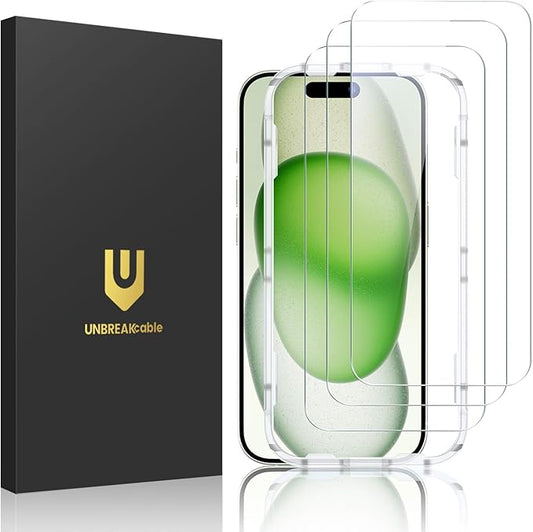 UNBREAKcable 3-Pack Screen Protector for iPhone 15 Plus, Double Shatterproof Tempered Glass [Easy Installation Frame] [9H Hardness] [99.99% HD Clear] [Case Friendly] for iPhone 6.7 inch