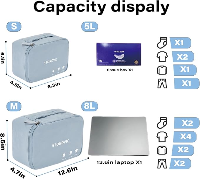 Packing Cubes for Travel Luggage Organizer Bags, Rapid-Odor-Elimination Sock & Underwear Cube, Water-Resistant Gym Bag, Soft Portable Packing Cubes for Travel（12.6” × 8.5” × 4.7”） M