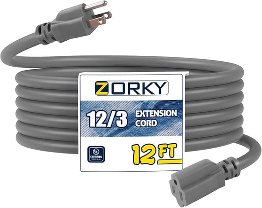 12ft Indoor Outdoor Extension Cord - 12/3 SJTW Heavy Duty Extension Cable with 3 Prong Grounded Plug for Safety -15Amp 1875W Gray Electric Cord Great for Garden, Appliances