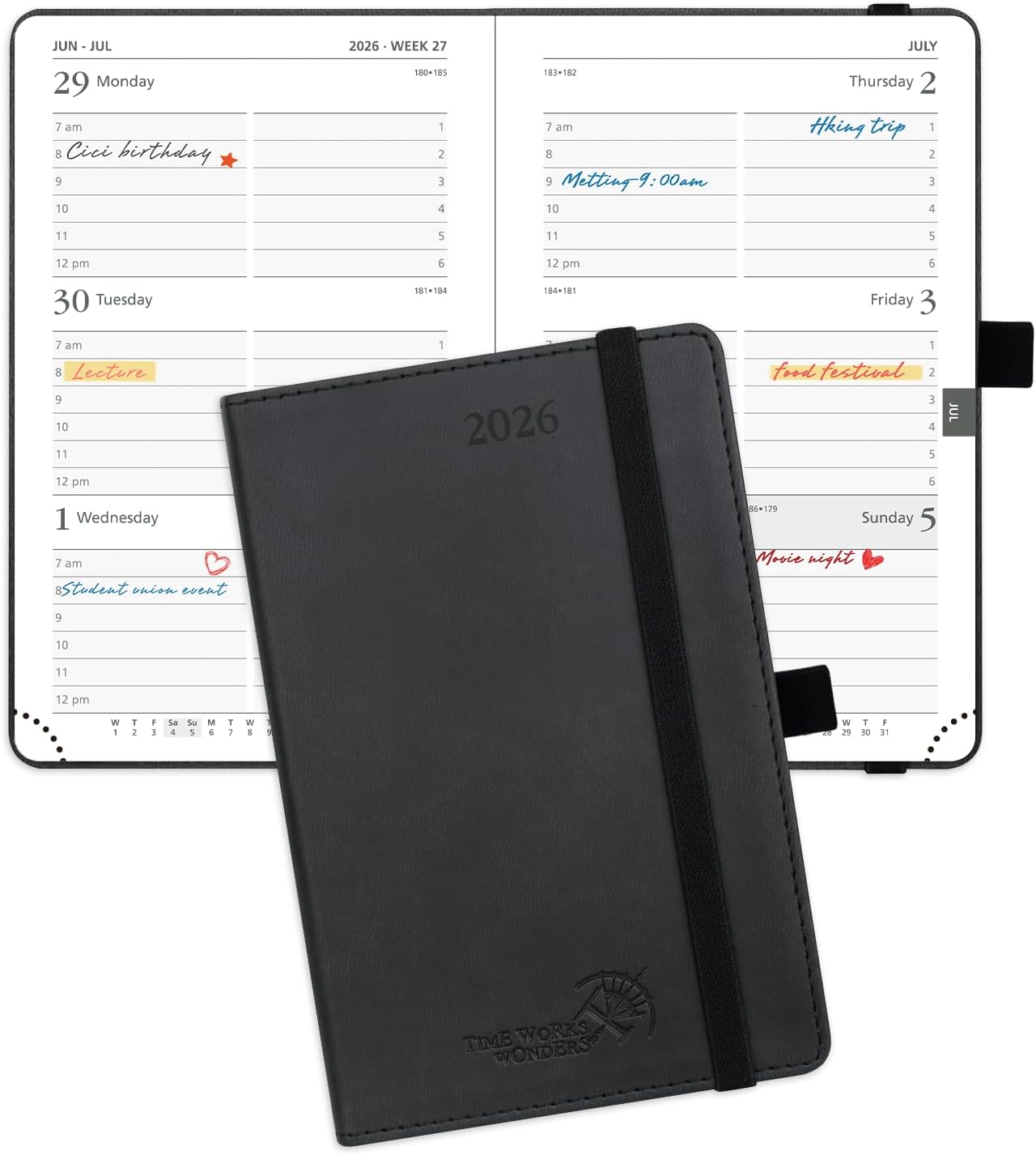 POPRUN Pocket Calendar 2026 (Small Size- 4'' x 6.25") Weekly and Monthly for Purse - Planner 2026 (Jan. 2026 - Dec. 2026) with Vegan Leather Soft Cover, Plastic Ruler, Pen Holder and More - Black