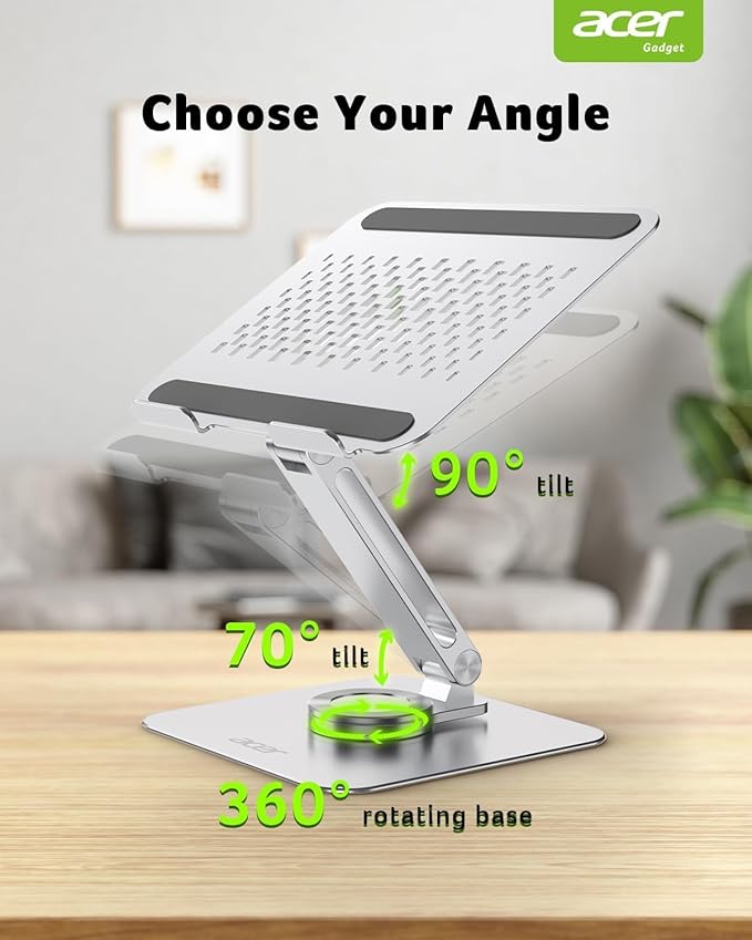 acer Laptop Stand for Desk - with 360 Swivel Base, Rotating Laptop Riser for Desk, Adjustable Computer Stand for Laptops, Ergonomic Riser Holder Foldable, Portable MacBook Pro Air (10-16") - Silver