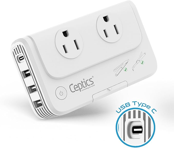 Ceptics 200 W Voltage Converter, Convert 220 V to 110V for Devices Like Curling Iron, Straightener, Chargers, Step Down World Power Plug - 4 USB PD 18W Fast Charging - EU/AU/UK/US Included