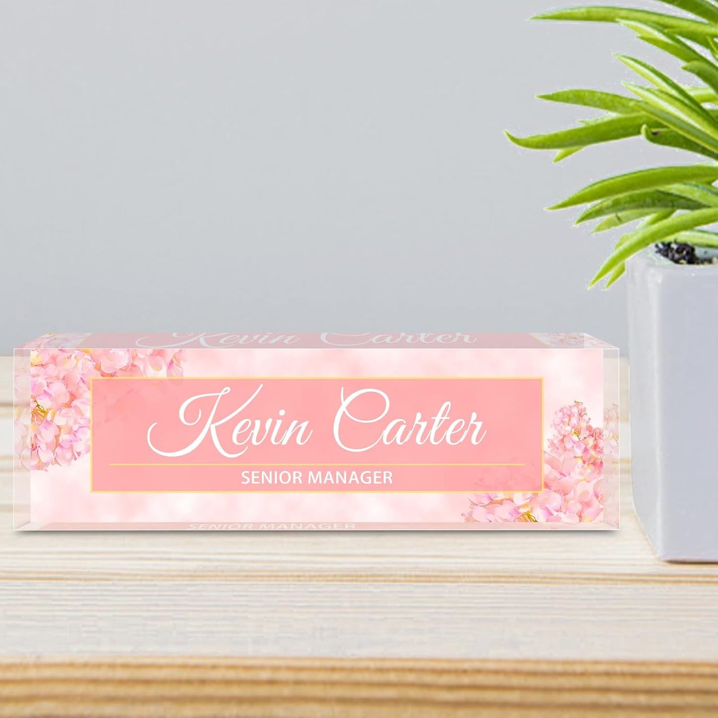 Name Plate for Desk Personalized, Acrylic Desk Decorations, Employee Appreciation Gifts, Custom Office Gifts for Coworkers, Boss, Teacher, Nurse (Pink Hydrangeas)