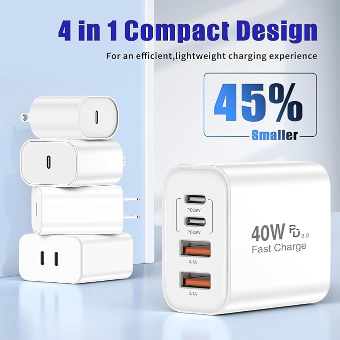 iPhone 17 16 USB C Fast Charger Block,USB C Charging Block 2-Pack 40W Type C 4in1 Multiport Fast Plug Wall Charger for iPhone 17 Pro Max/17 Air/17 Pro/16 Plus/16e/15 Pro Max/14/13/12/Xs Max/XR/X,iPad