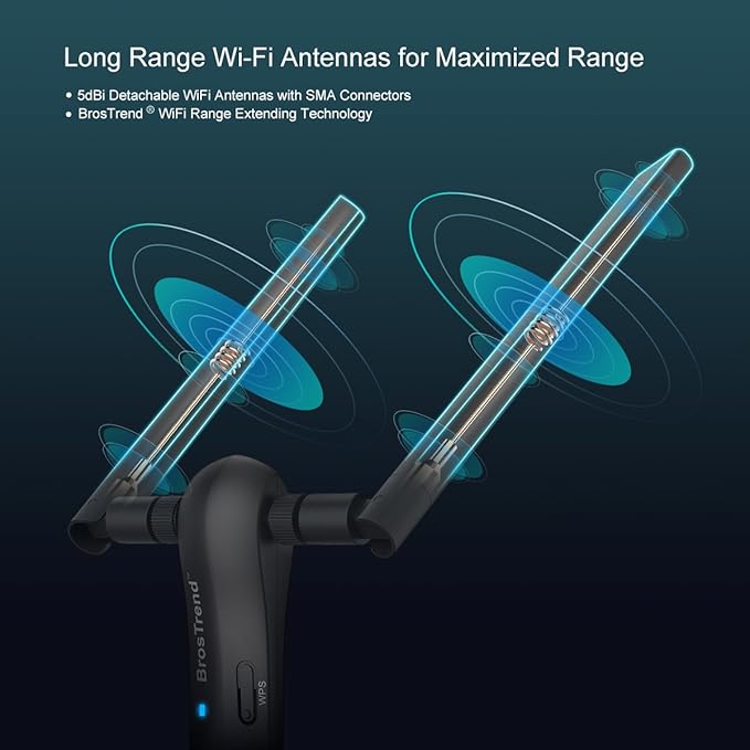 BrosTrend 1200Mbps Long Range USB WiFi Adapter for PC Desktop Laptop of Windows 11/10/8.1/8/7, Wireless Adapter Dual Band 2.4GHz 300Mbps + 5GHz 867Mbps, 2X 5dBi High Gain Antennas, USB 3.0 Cradle